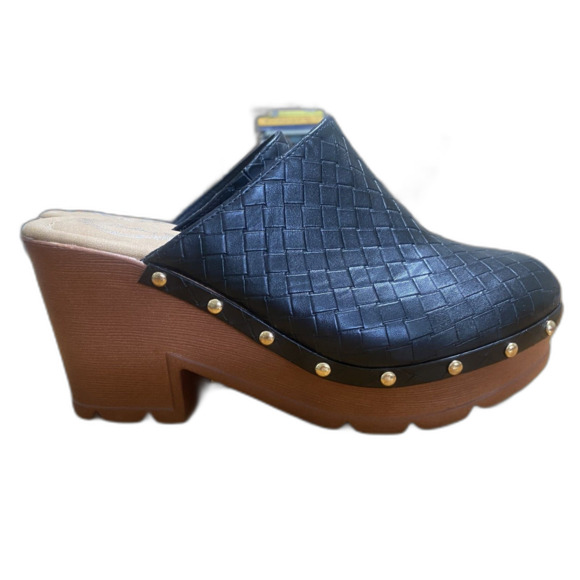 ATALINA FAUX LEATHER WOVEN PATTERN STUDDED HEELED CLOGS Size 8 - Picture 2 of 5